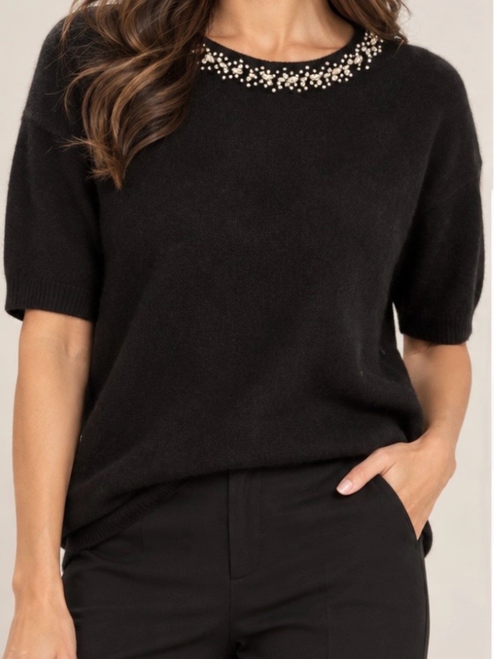 Tahari Pure Luxe 100% 2-Ply Cashmere Jeweled Neck Sweater